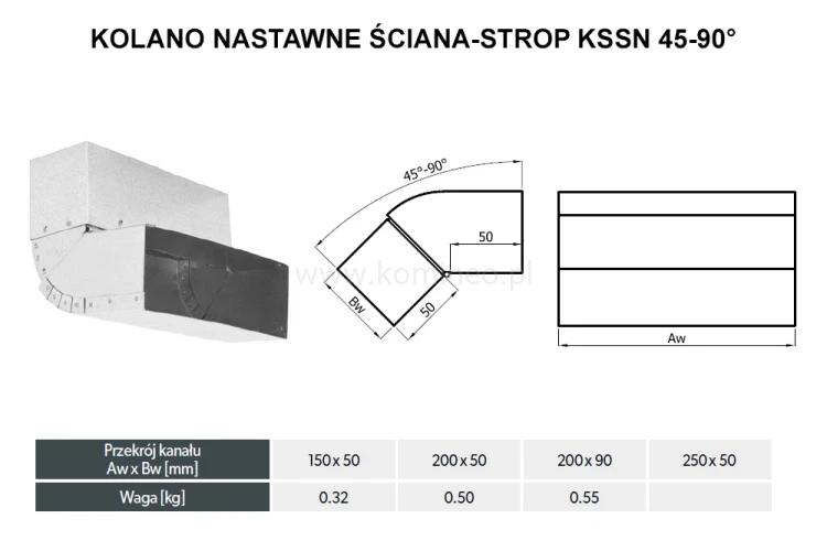Kolano prostokątne nastawne DARCO KSSN 45-90-OC ściana-strop schemat