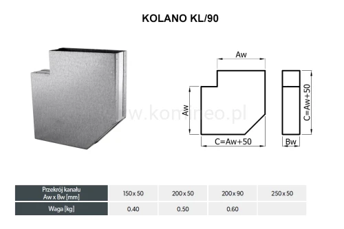 Kolano prostokątne DARCO KL-90-OC schemat