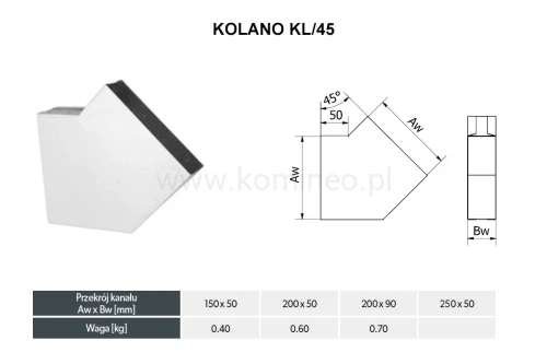 Kolano prostokątne DARCO KL-45-OC schemat