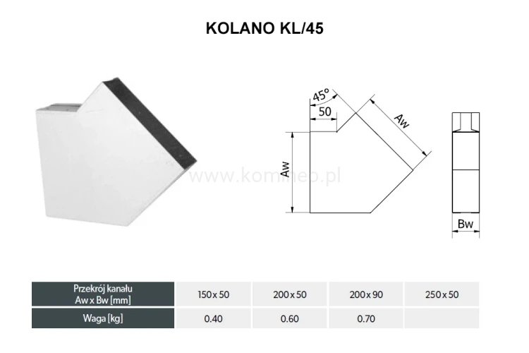 Kolano prostokątne DARCO KL-45-OC schemat