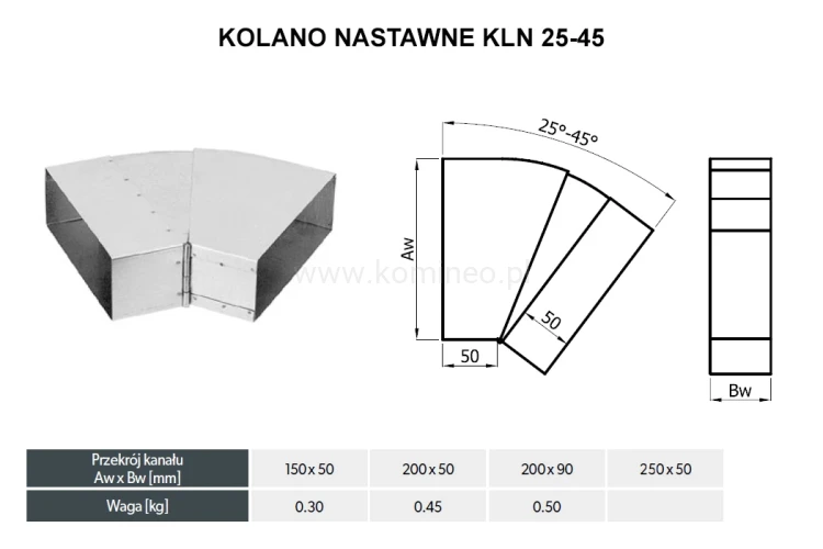 Kolano prostokątne nastawne DARCO KLN 25-45 schemat