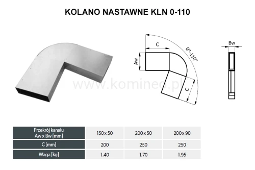 Kolano prostokątne nastawne DARCO KLN 0-110 schemat