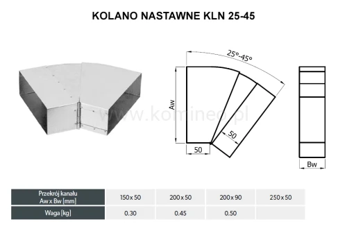 Kolano prostokątne nastawne DARCO KLN 25-45 schemat