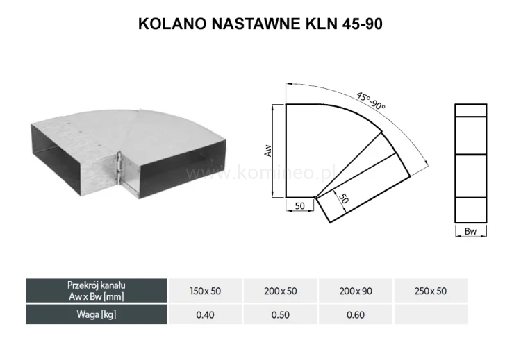 Kolano prostokątne nastawne DARCO KLN 45-90 schemat