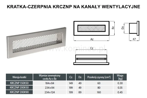 Kratka-czerpnia KRCZNP na kanały wentylacyjne - schemat