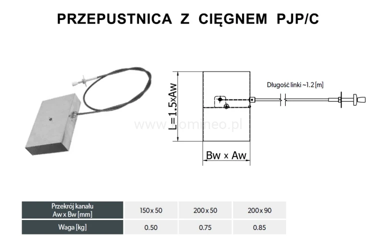 Przepustnica z cięgnem DARCO PJP-C-OC schemat