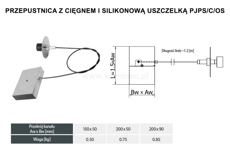 Przepustnica z cięgnem i uszczelką DARCO PJPS-C-OS schemat