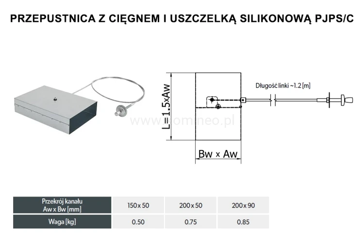 Przepustnica DARCO PJPS-C-OC-SILIKON z cięgnem - schemat