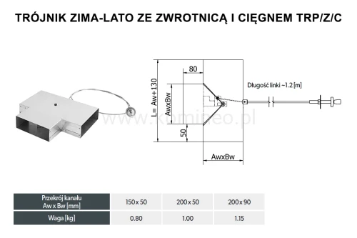 Trójnik ze zwrotnicą i cięgnem DARCO TRP-90-Z-OC schemat