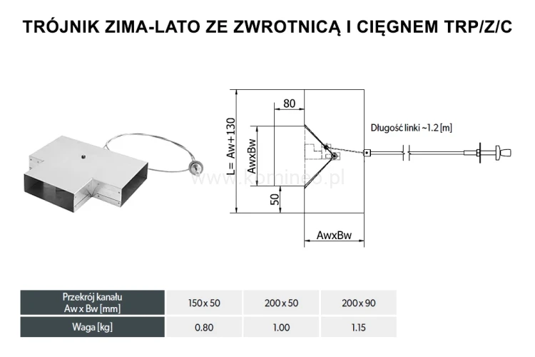 Trójnik ze zwrotnicą i cięgnem DARCO TRP-90-Z-OC schemat