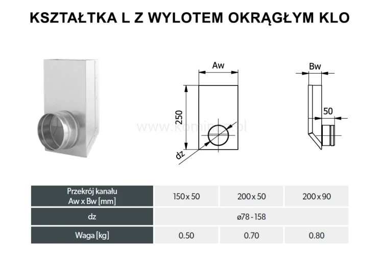 Kształtka prostokątna L z wylotem okrągłym DARCO KLO-OC schemat