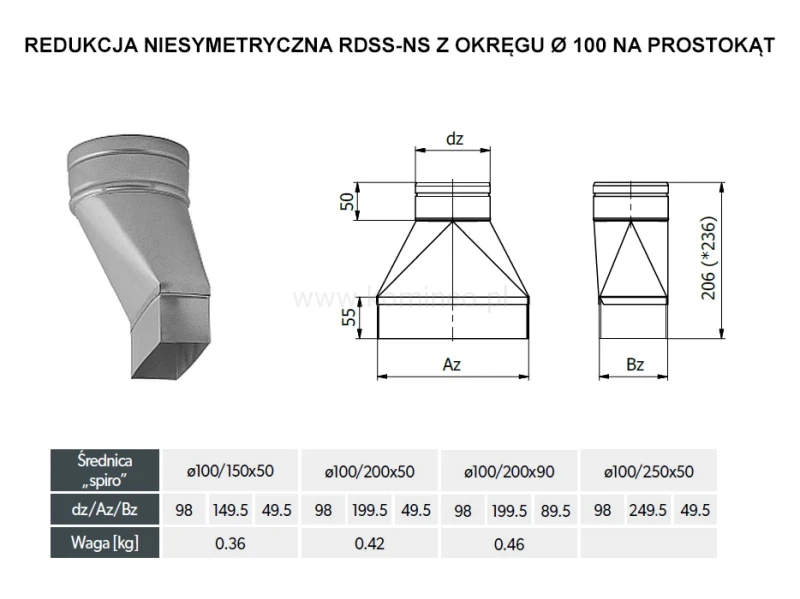 Redukcja niesymetryczna DARCO RDSS-NS z okręgu fi 100 na prostokąt - schemat