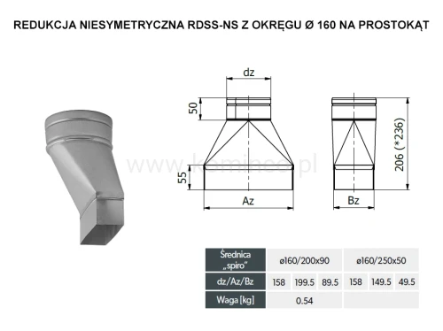 Redukcja niesymetryczna DARCO RDSS-NS z okręgu fi 160 na prostokąt - schemat