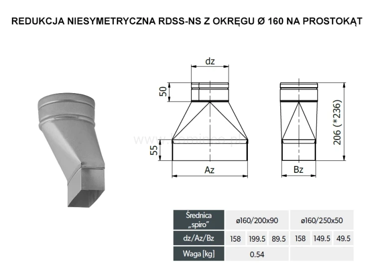 Redukcja niesymetryczna DARCO RDSS-NS z okręgu fi 160 na prostokąt - schemat