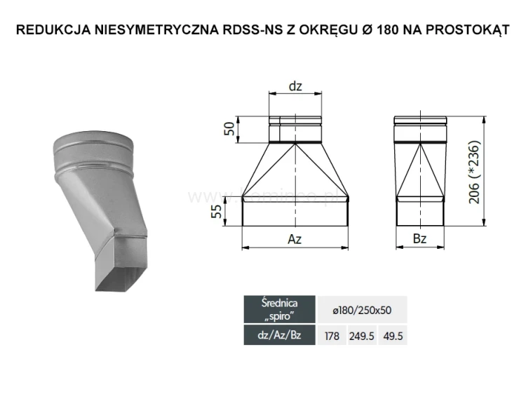 Redukcja niesymetryczna DARCO RDSS-NS z okręgu fi 180 na prostokąt - schemat