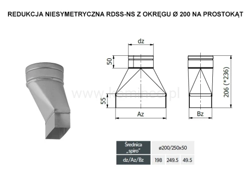 Redukcja niesymetryczna DARCO RDSS-NS z okręgu fi 200 na prostokąt - schemat