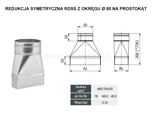 Redukcja symetryczna DARCO RDSS z okręgu fi 80 na prostokąt - schemat