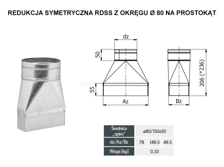 Redukcja symetryczna DARCO RDSS z okręgu fi 80 na prostokąt - schemat