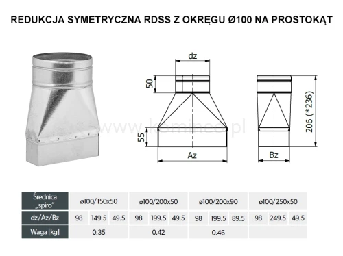 Redukcja symetryczna DARCO RDSS z okręgu fi 100 na prostokąt - schemat