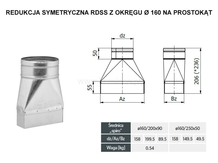 Redukcja symetryczna DARCO RDSS z okręgu fi 160 na prostokąt - schemat