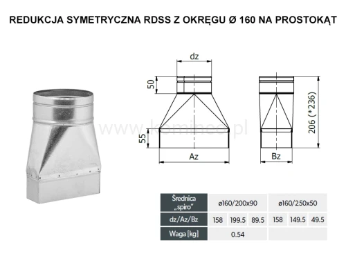 Redukcja symetryczna DARCO RDSS z okręgu fi 160 na prostokąt - schemat