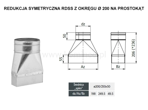Redukcja symetryczna DARCO RDSS z okręgu fi 200 na prostokąt - schemat