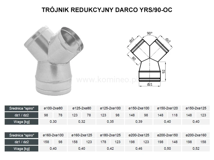 Trójnik redukcyjny DARCO YRS-90-OC schemat