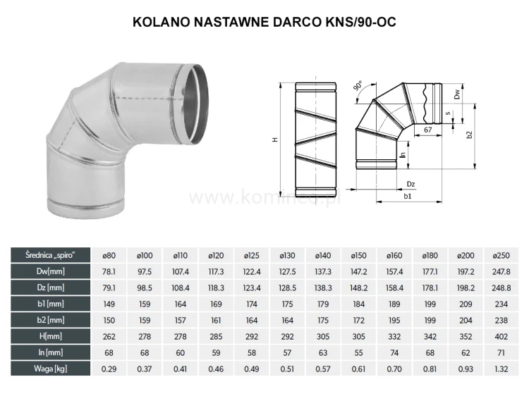 Kolano nastawne DARCO KNS-90-OC schemat