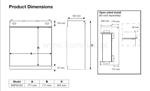 DIMPLEX ASPIRE 30 Kominek elektryczny do zabudowy - schemat techniczny, wymiary