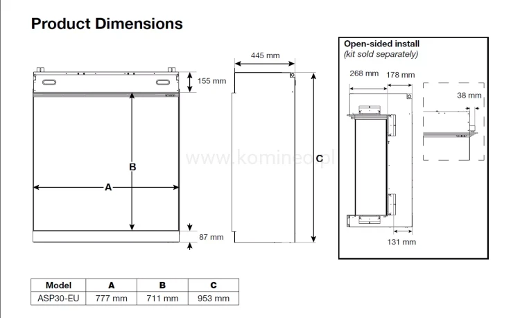 DIMPLEX ASPIRE 30 Kominek elektryczny do zabudowy - schemat techniczny, wymiary