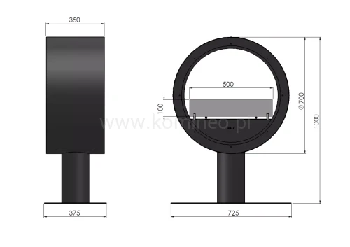 Biokominek wolnostojący vis a vis dwustronny INFIRE INCYRCLE 2 SIDE - schemat