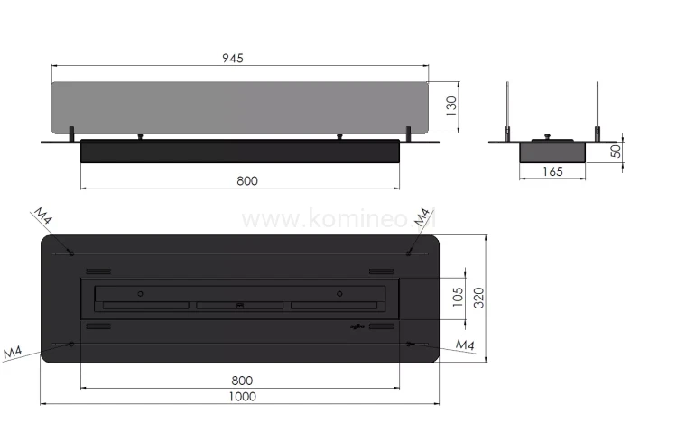 INFIRE INSERT 800 BLACK - biokominek z szybami ochronnymi do zabudowy w blacie MDF i gips karton - schemat