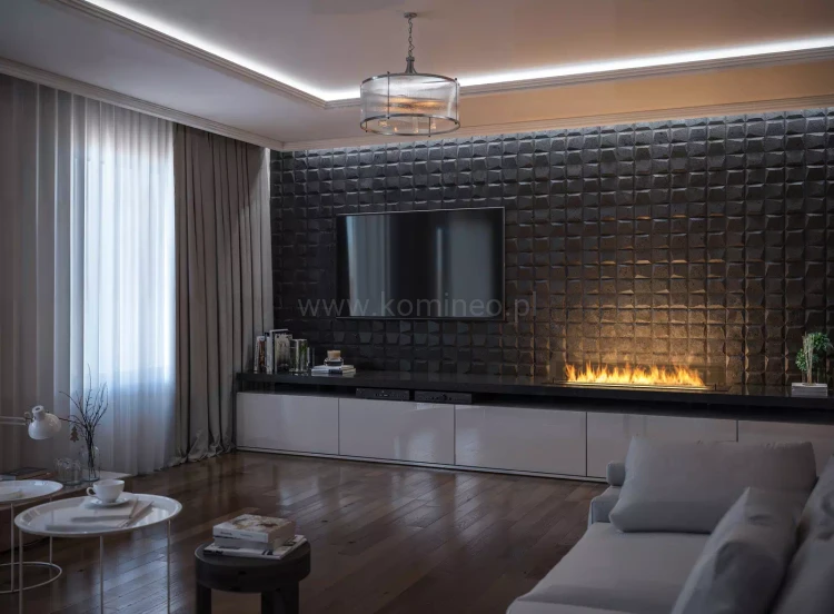 INFIRE INSERT 1200 BLACK - biokominek z szybami ochronnymi do zabudowy w blacie MDF i gips karton - aranżacja