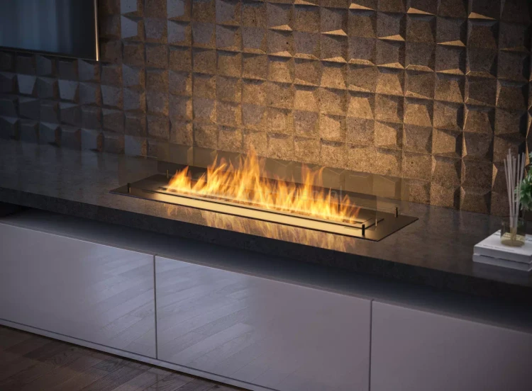 INFIRE INSERT 1200 BLACK - biokominek z szybami ochronnymi do zabudowy w blacie MDF i gips karton - aranżacja