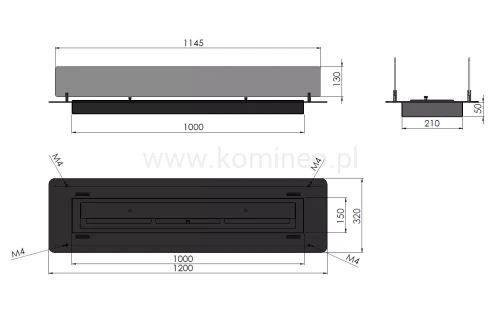 INFIRE INSERT 1200 BLACK - biokominek z szybami ochronnymi do zabudowy w blacie MDF i gips karton - schemat