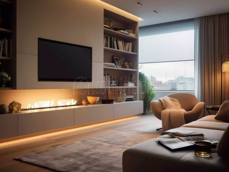 Biokominek do zabudowy w blacie INFIRE INSERT BLACK 1500 SLIM LINE z szybami ochronnymi, do zabudowy w płytach MDF i GK - aranżacja