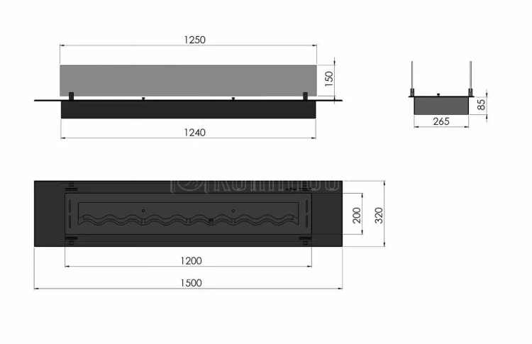 Biokominek do zabudowy w blacie INFIRE INSERT BLACK 1500 SLIM LINE z szybami ochronnymi, do zabudowy w płytach MDF i GK - schemat