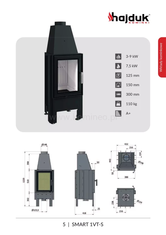 Wkład kominkowy HAJDUK SMART 1VT-S - schemat