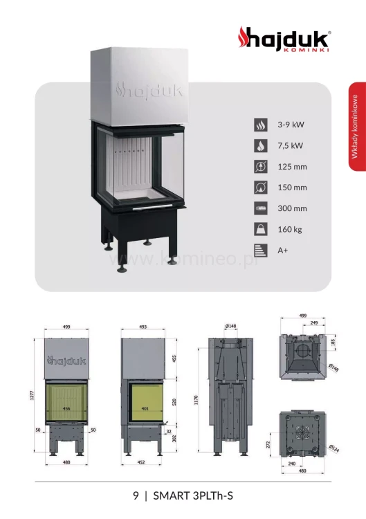 Wkład kominkowy trójstronny HAJDUK SMART 3PLTh-S z gilotyną, wąski - schemat