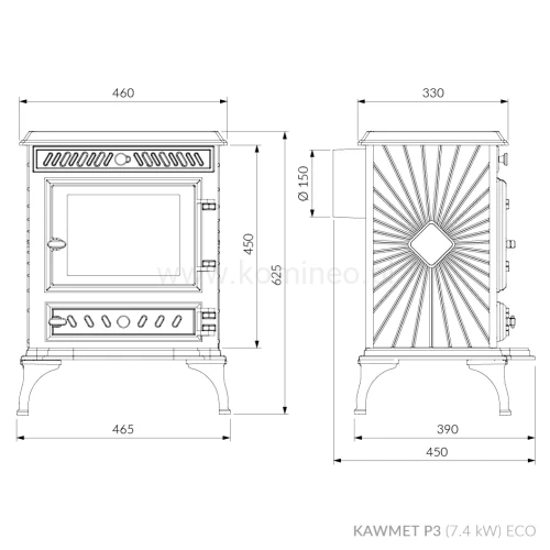 Piec kominkowy żeliwny KAWMET P3 (7.4 kW) ECO - schemat