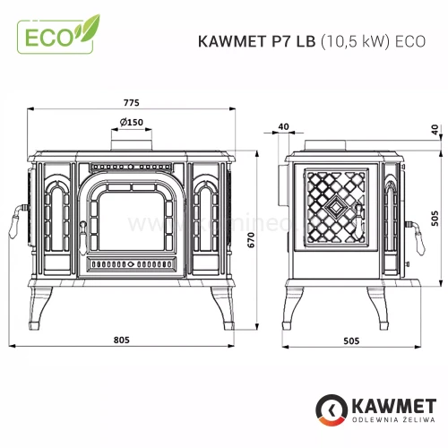 Piec kominkowy żeliwny KAWMET P7 LB (10.5 kW) ECO - schemat