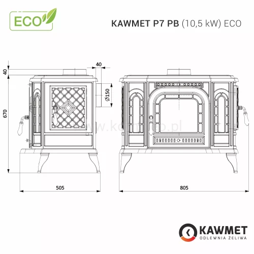 Piec kominkowy żeliwny KAWMET P7 PB (10.5 kW) ECO - schemat