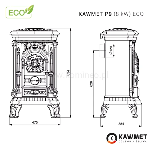 Piec kominkowy żeliwny KAWMET P9 (8 kW) ECO - schemat