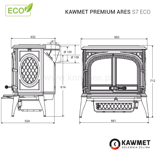 Piec kominkowy żeliwny KAWMET Premium ARES S7 ECO - schemat