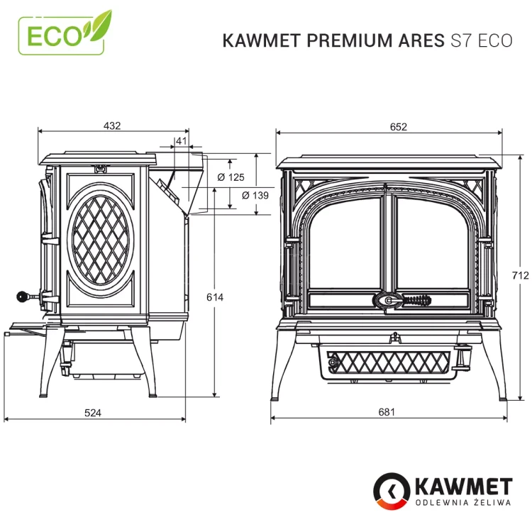 Piec kominkowy żeliwny KAWMET Premium ARES S7 ECO - schemat