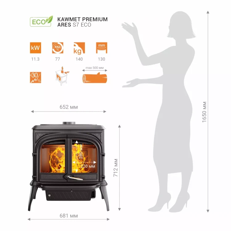Piec kominkowy żeliwny KAWMET Premium ARES S7 ECO - karta techniczna
