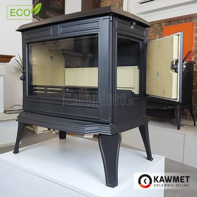 Piec kominkowy żeliwny KAWMET Premium ATHENA S12, dodatkowe boczne drzwi, piec wolnostojący z bocznym załadunkiem