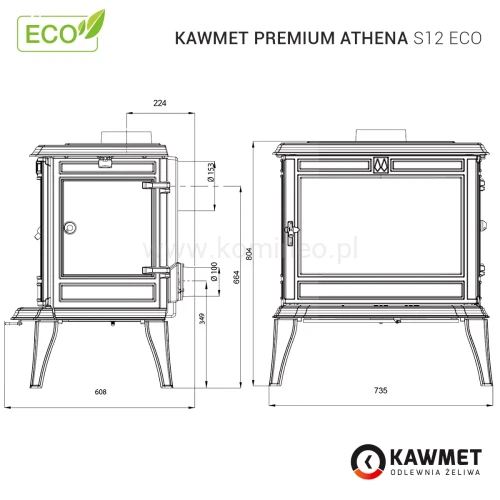 Piec kominkowy żeliwny KAWMET Premium ATHENA S12 - schemat