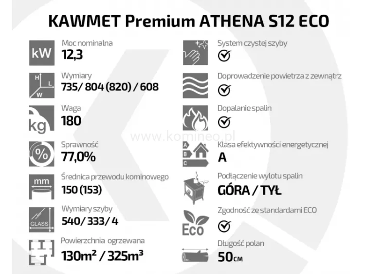 Piec kominkowy żeliwny KAWMET Premium ATHENA S12 - atrybuty