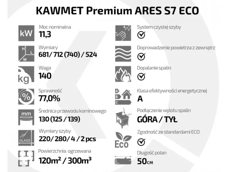 Piec kominkowy żeliwny KAWMET Premium ARES S7 ECO - atrybuty